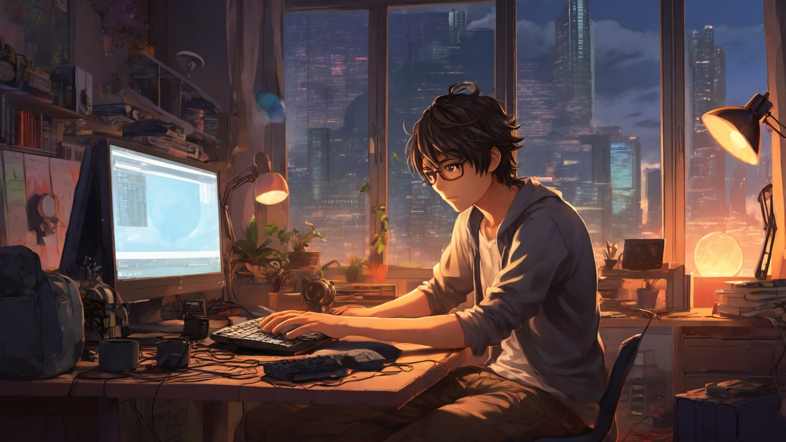 A picture of a man coding in his computer. anime style.