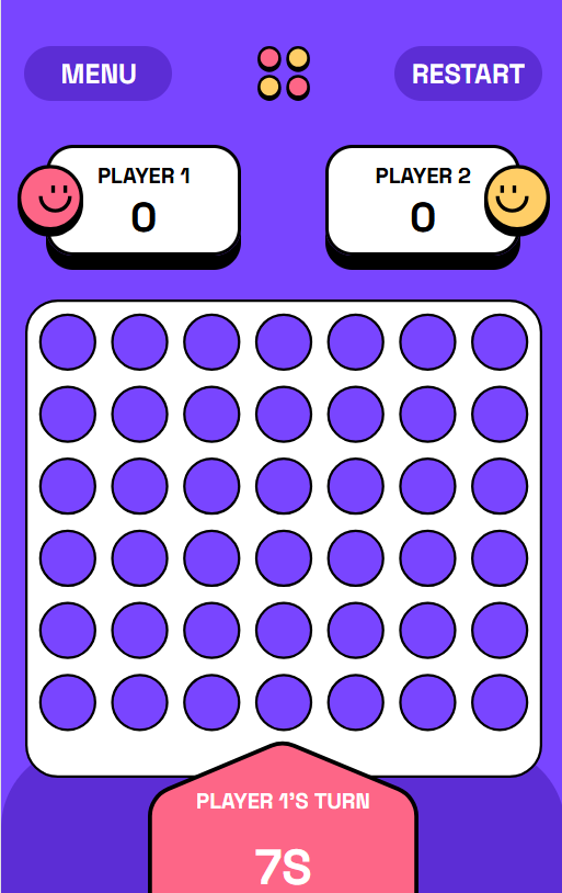 A purple-themed Connect 4 game interface with player options and game rules.