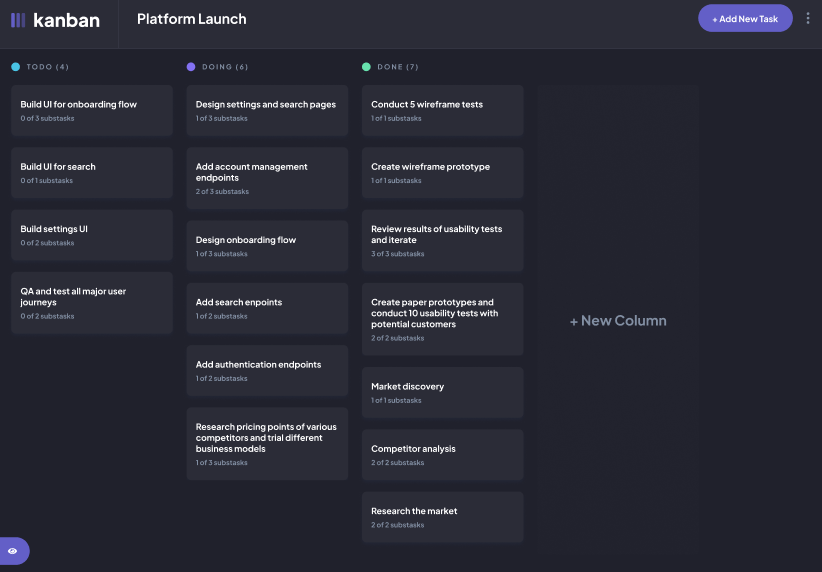 A dark-themed Kanban board interface for managing tasks.